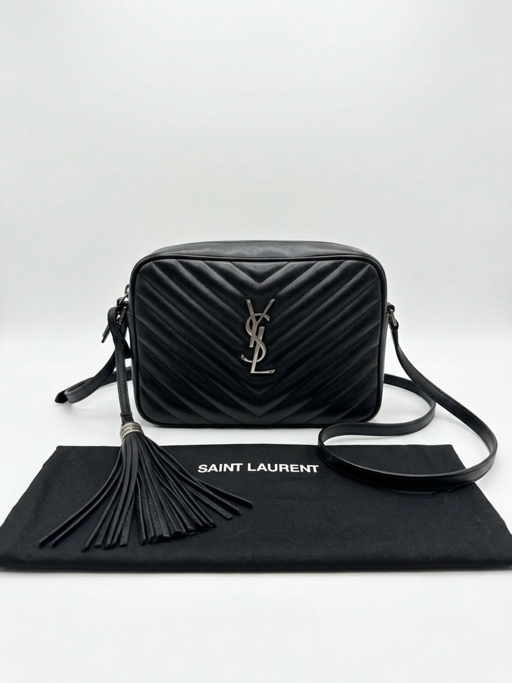 Saint Laurent Black Quilted Camera Crossbody with Tassel